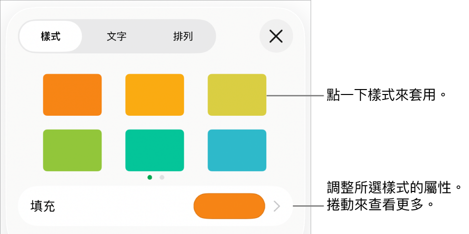 「格式」選單中的「樣式」標籤頁，最上方為形狀樣式，下方為填充顏色框。