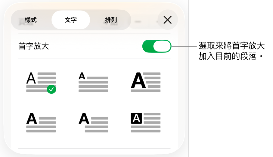 「首字放大」控制項目位於「文字」選單中。