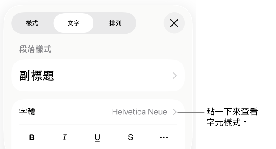 帶有段落樣式的「格式」控制項目位於最上方,然後是「字體」控制項目。「字體」下方為「粗體」、「斜體」、「底線」、「刪除線」和「更多文字選項」按鈕。