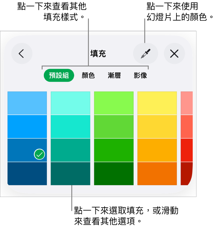 「格式」按鈕其「樣式」標籤頁中的填充選項。
