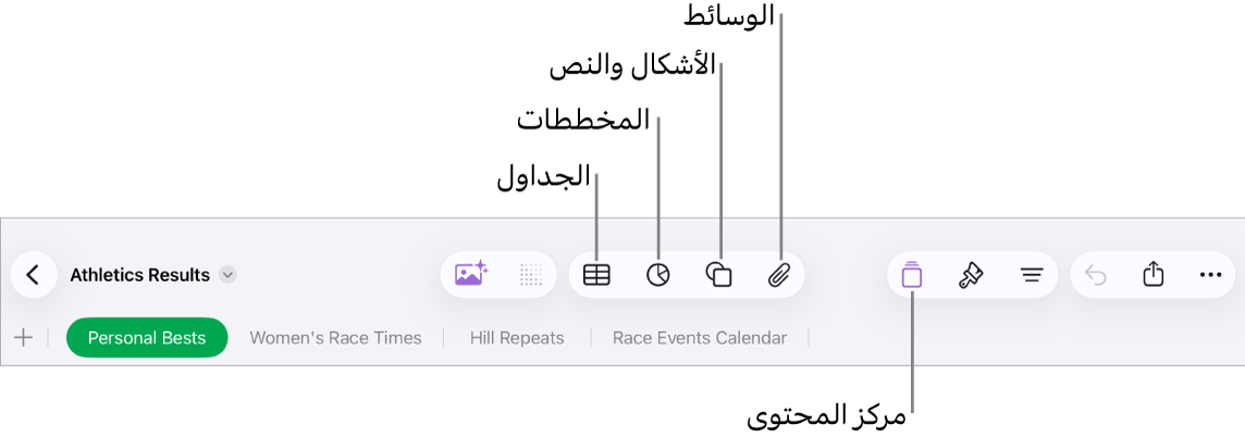 عناصر التحكم لإضافة كائن، مع الأزرار في الجزء العلوي لاختيار الجداول، والمخططات، والأشكال (بما في ذلك الخطوط، ومربعات النص) والوسائط.