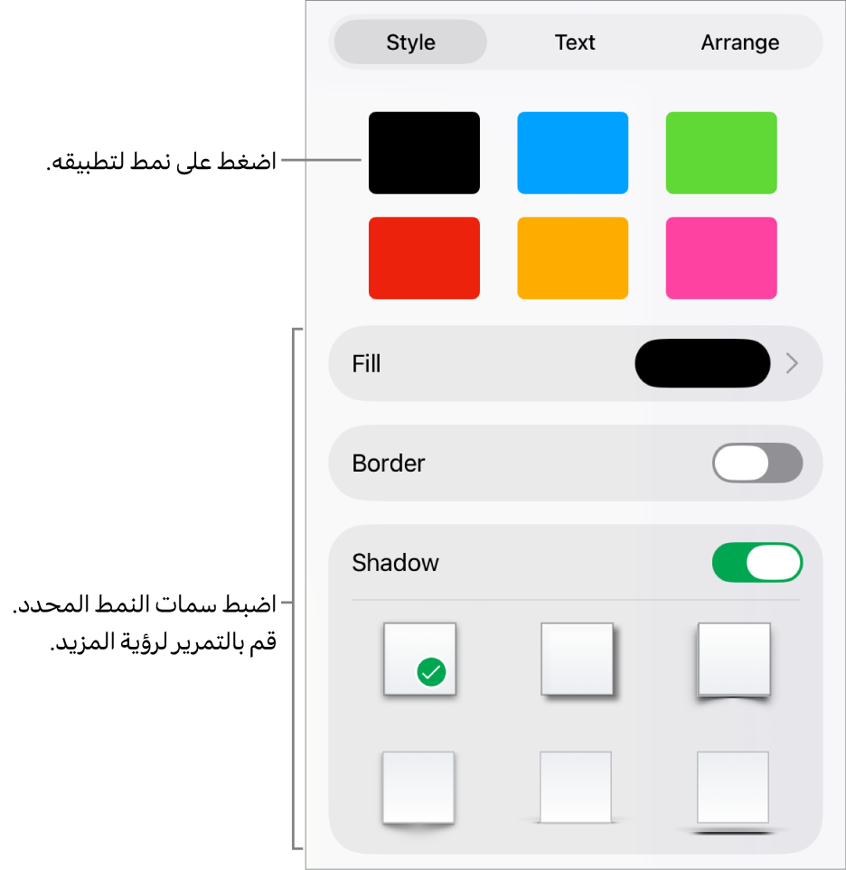 علامة تبويب النمط من قائمة التنسيق مع أنماط الكائنات في الجزء العلوي وعناصر التحكم أدناها لتغيير التعبئة والحد والظل.