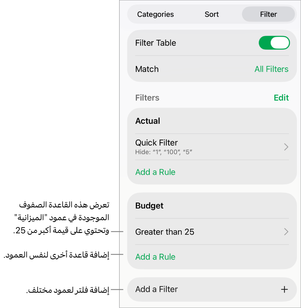 عناصر التحكم لإضافة قواعد تصفية جديدة أو تعديل القواعد الموجودة.