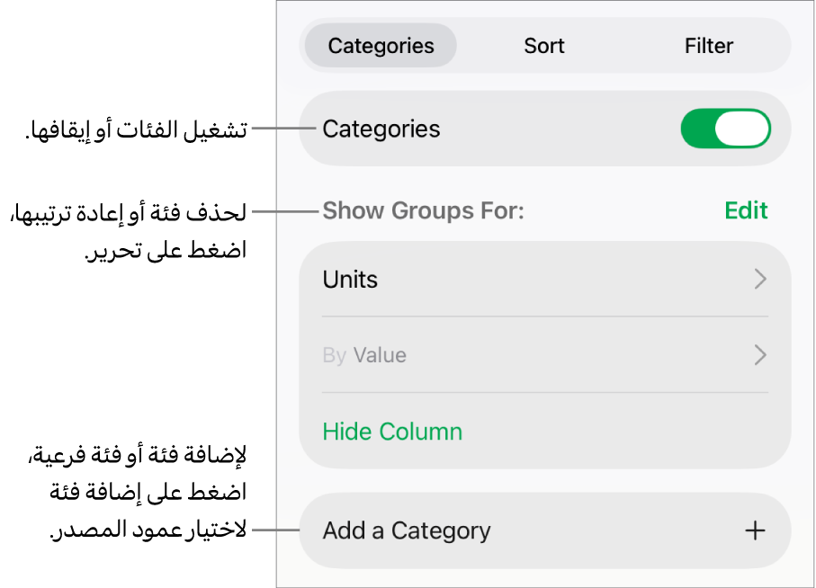 قائمة الفئات لـ iPad وتظهر فيها خيارات لإيقاف الفئات وحذف الفئات وإعادة تنظيم البيانات وإخفاء عمود المصدر وإضافة الفئات.
