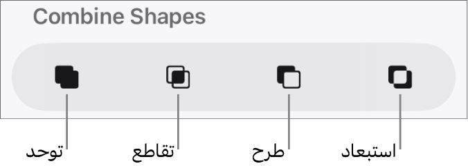 الأزرار توحد، وتقاطع، وطرح، واستبعاد أسفل دمج الأشكال.