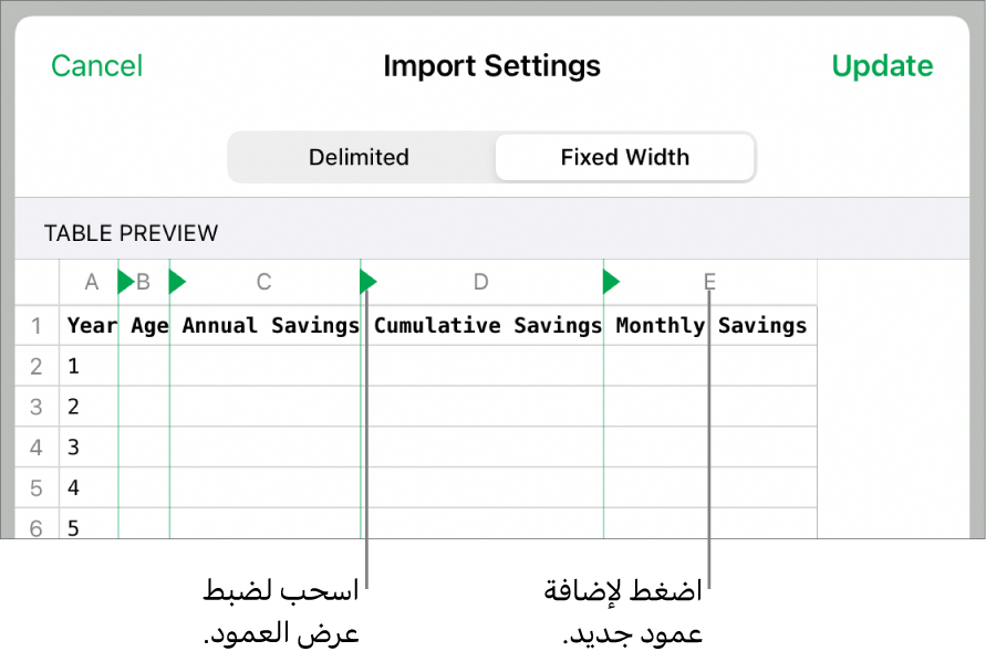 إعدادات الاستيراد لملف نصي ثابت العرض.