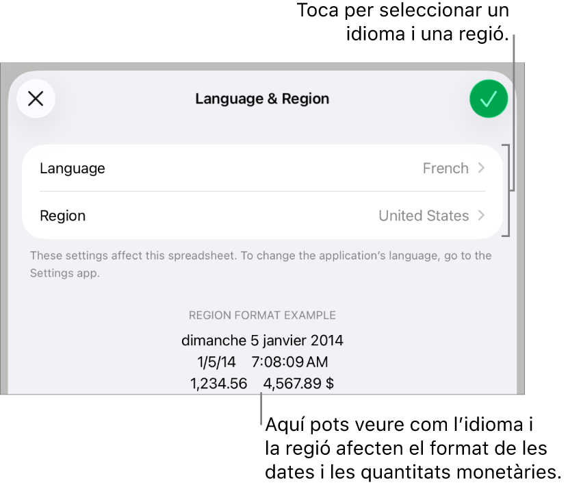 El tauler “Idioma i regió” en què es mostren els controls per a l’idioma i la regió i un exemple de format per a la data, l’hora, els decimals i la moneda.
