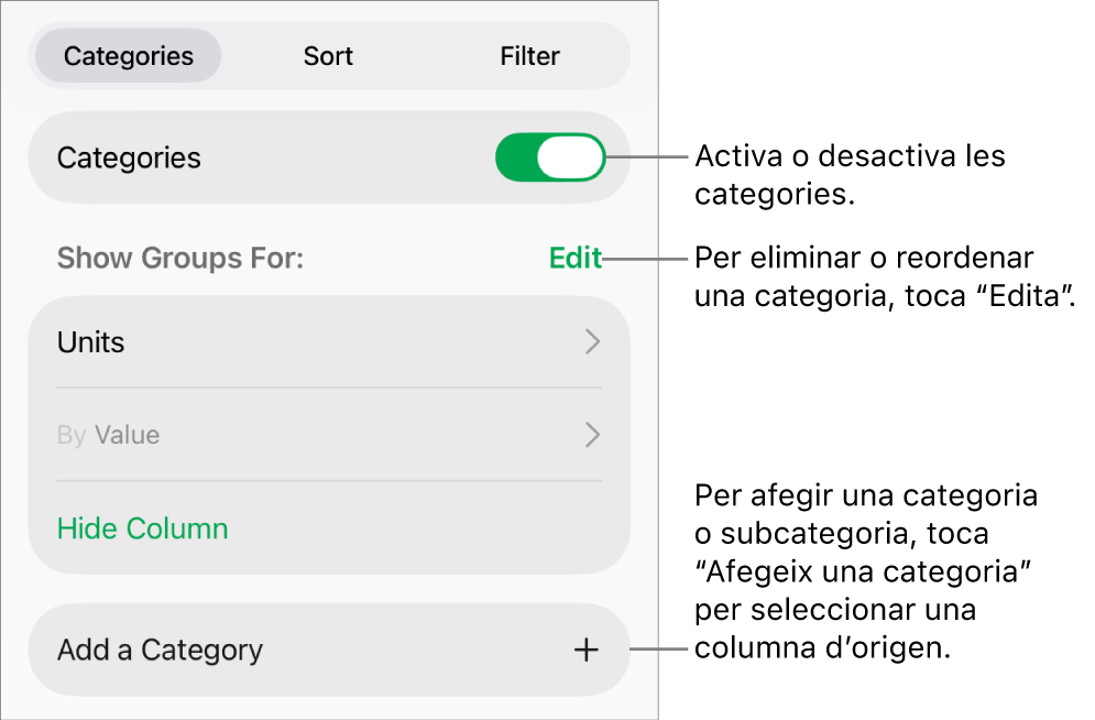 Menú Categories de l’iPad amb opcions per desactivar categories, eliminar categories, agrupar dades, ocultar la columna d’origen i afegir categories.