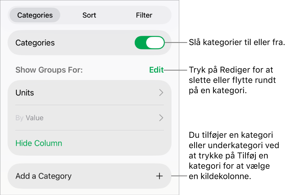 Menuen Kategorier til iPad med muligheder for at slå kategorier fra, slette kategorier, omgruppere data, skjule en kildekolonne og tilføje kategorier.