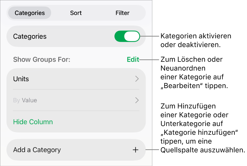 Das Menü „Kategorien“ für iPad mit Optionen zum Deaktivieren von Kategorien, zum Löschen von Kategorien, zum Neugruppieren von Daten, zum Ausblenden einer Quellenspalte und zum Hinzufügen von Kategorien