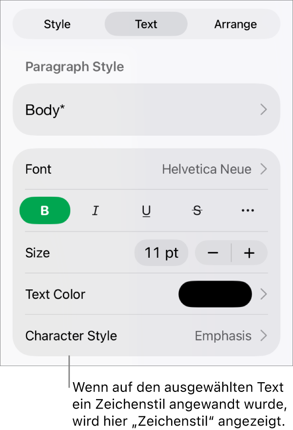 Die Steuerelemente für die Textformatierung mit „Zeichenstil“ unter den Farbsteuerungen Der Zeichenstil „Ohne“ mit einem Stern