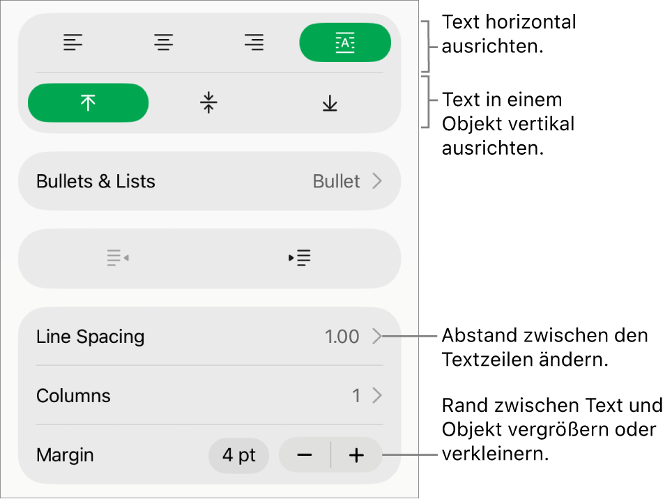 Der Abschnitt „Layout“ im Informationsfenster „Format“ mit Bezugslinien zu den Ausrichtungstasten und zu den Abstandstasten für Text.