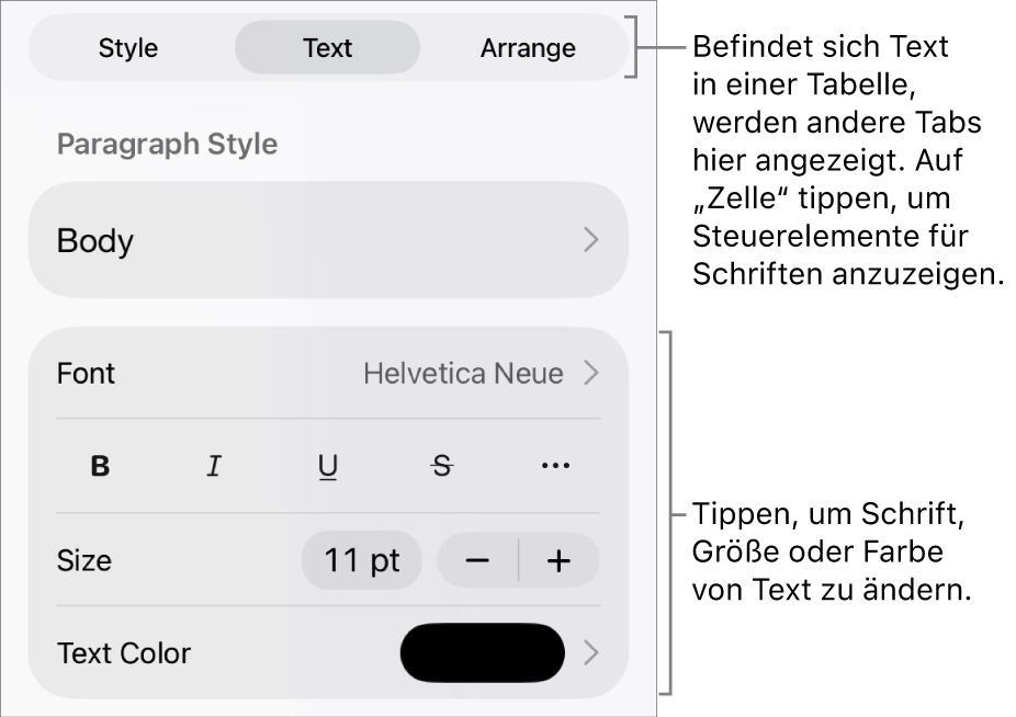 Textsteuerelemente im Menü „Format“ zum Festlegen von Absatz- und Zeichenstilen, Schrift, Größe und Farbe