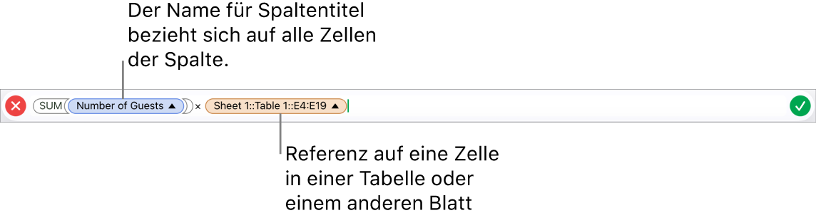 Formeleditor mit einer Formel, die sich auf eine Spalte in einer Tabelle und eine Zelle in einer anderen Tabelle bezieht.