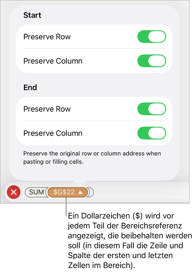 Steuerelemente, mit denen festgelegt wird, welche Zeilen- und Spaltenreferenzen einer Zelle beim Bewegen oder Kopieren der Zelle erhalten bleiben sollen. Jedem Bestandteil der Bereichsreferenz, der beibehalten wird, ist ein $-Zeichen vorangestellt.