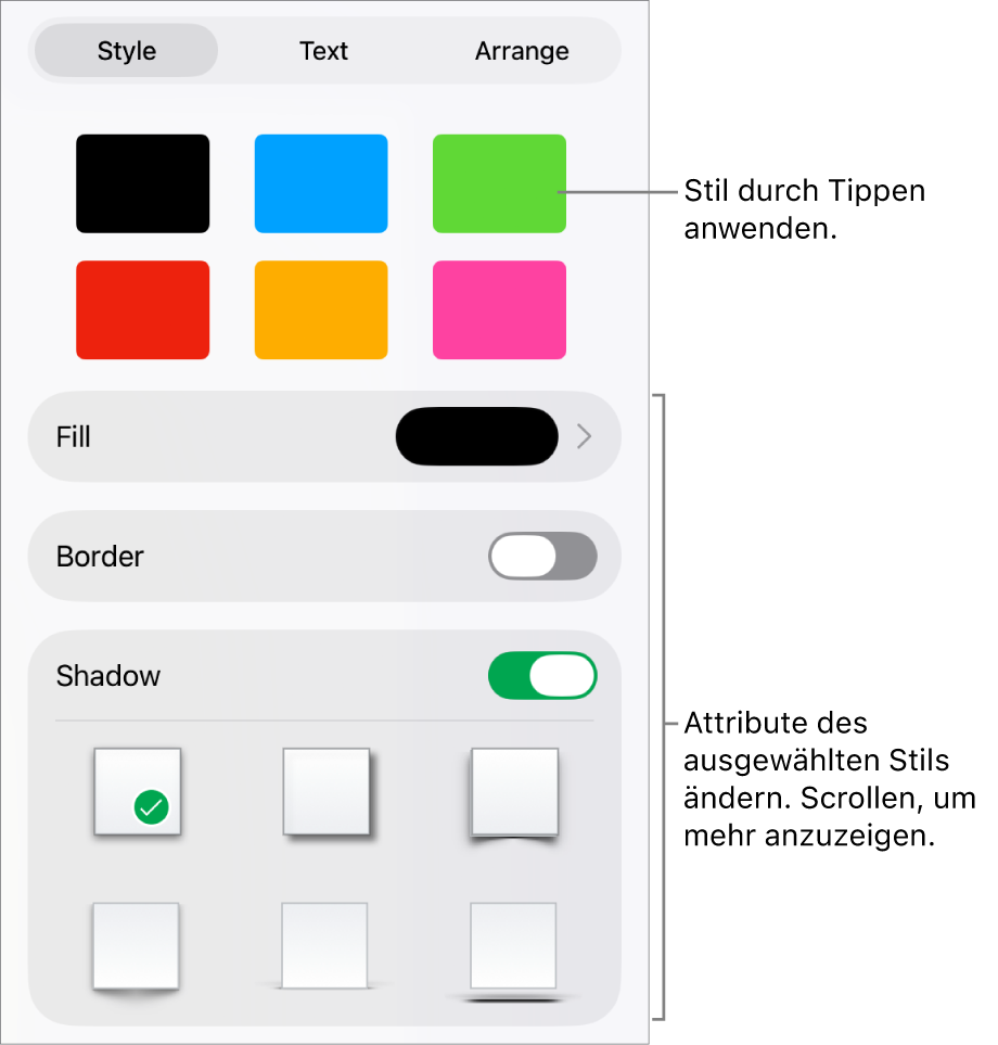 Der Tab „Stil“ des Menüs „Format“ mit Formstilen oben und Steuerelementen zum Ändern der Füllung, des Rahmens und des Schattens darunter.