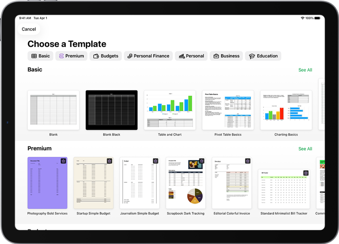 The template chooser, showing a row of categories across the top that you can tap to filter the options. Below are thumbnails of predesigned templates arranged in rows by category, starting with Recent at the top and followed by Basic and Personal Finance. A See All button appears above and to the right of each category row. The Language and Region button is in the top-right corner.