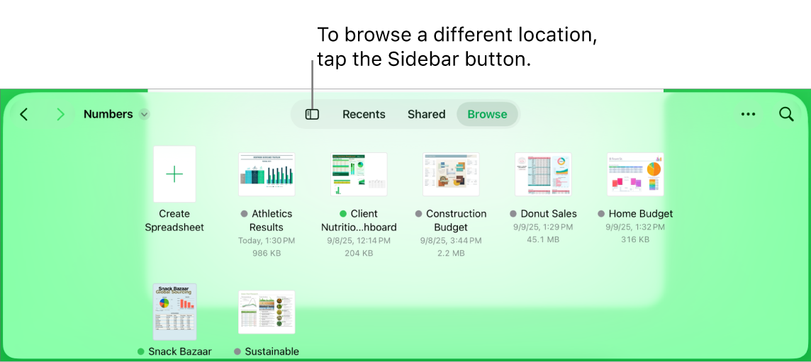 The browse view of the document manager with the Sidebar button in the top-left corner. At the top right are the Add button, the New Folder button, the Icons button (to sort by name, date, size or tag), the Select button and the Search button.
