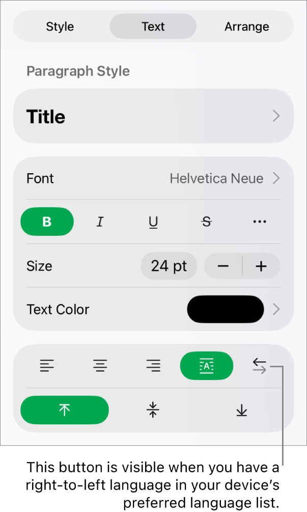 The Style section of the Format menu with a callout to the Right to Left button.