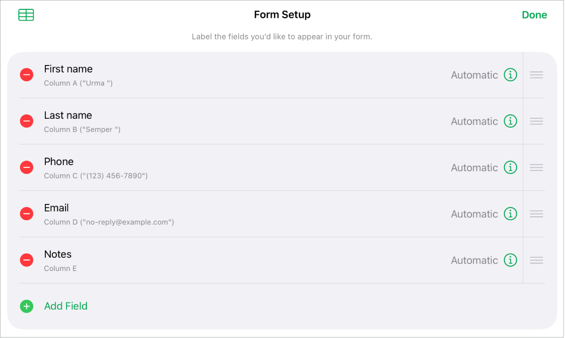 Form setup controls, showing options to add, edit, reorder and delete fields, as well as to change the format of fields (such as from Text to Percentage).