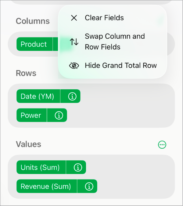 The More Field Options menu, showing the controls to hide grand totals, swap column and row fields, and clear fields.