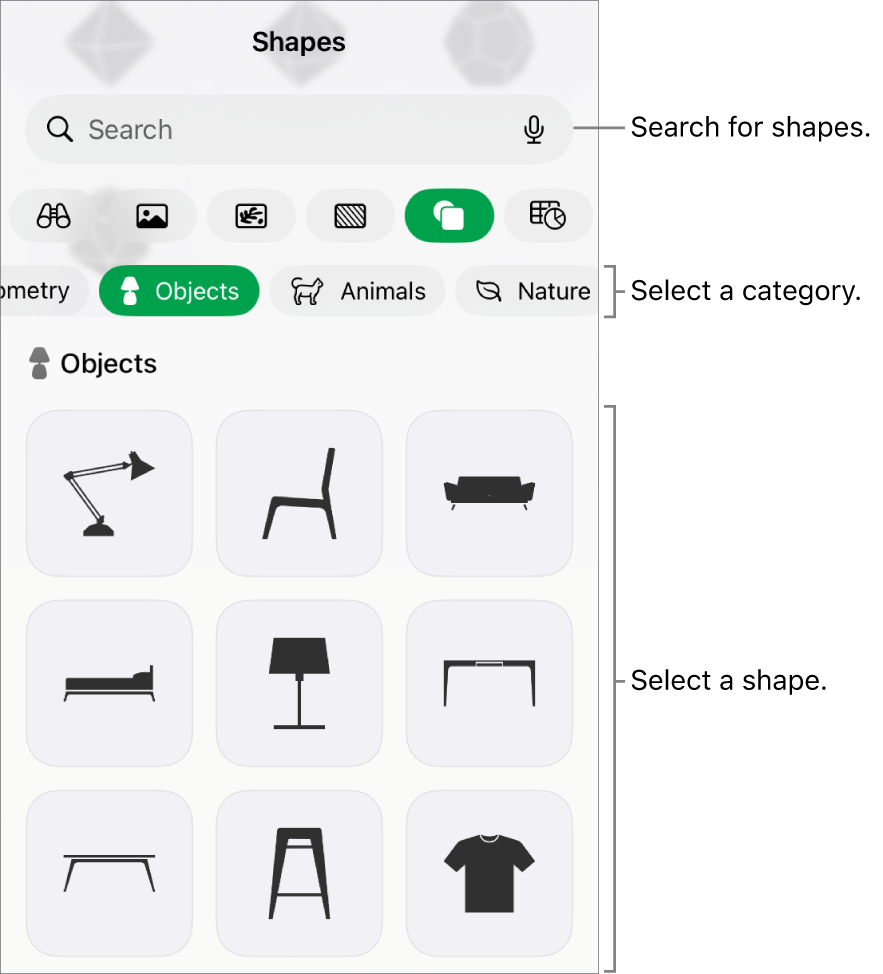 The shapes library, with categories at the top and shapes displayed below. You can use the search field at the top to find shapes and swipe to see more.