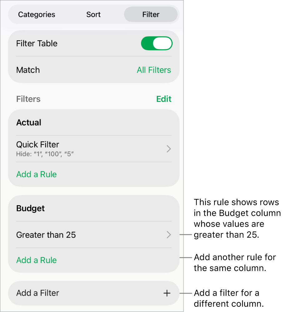 Controls for adding new filtering rules or editing existing ones.