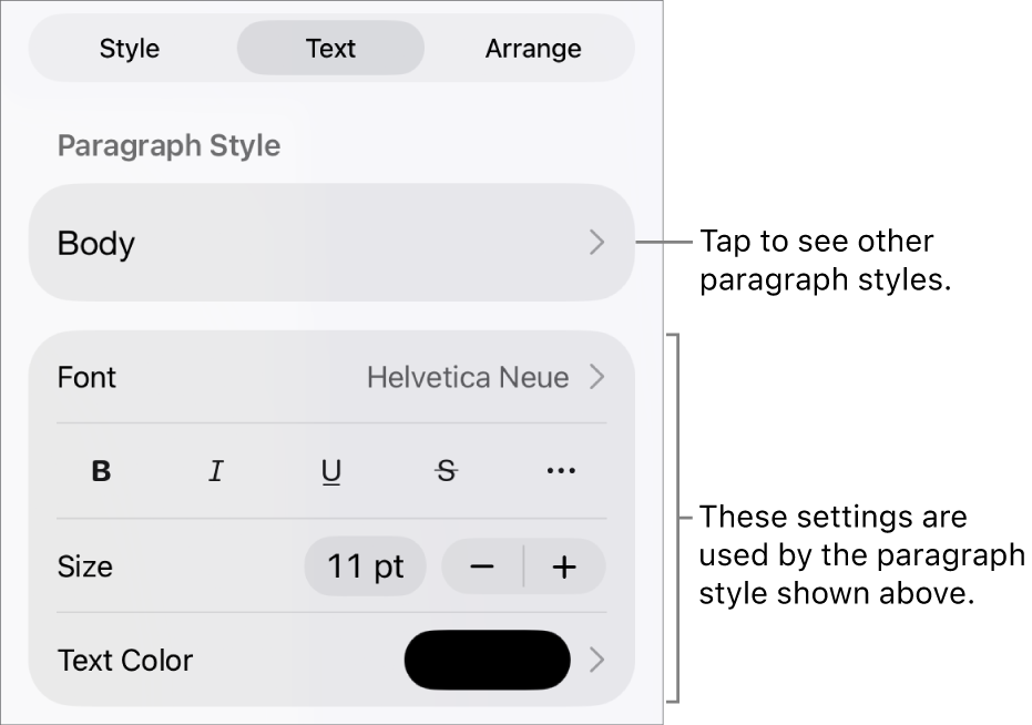 The Format menu showing text controls for setting paragraph and character styles, font, size and colour.