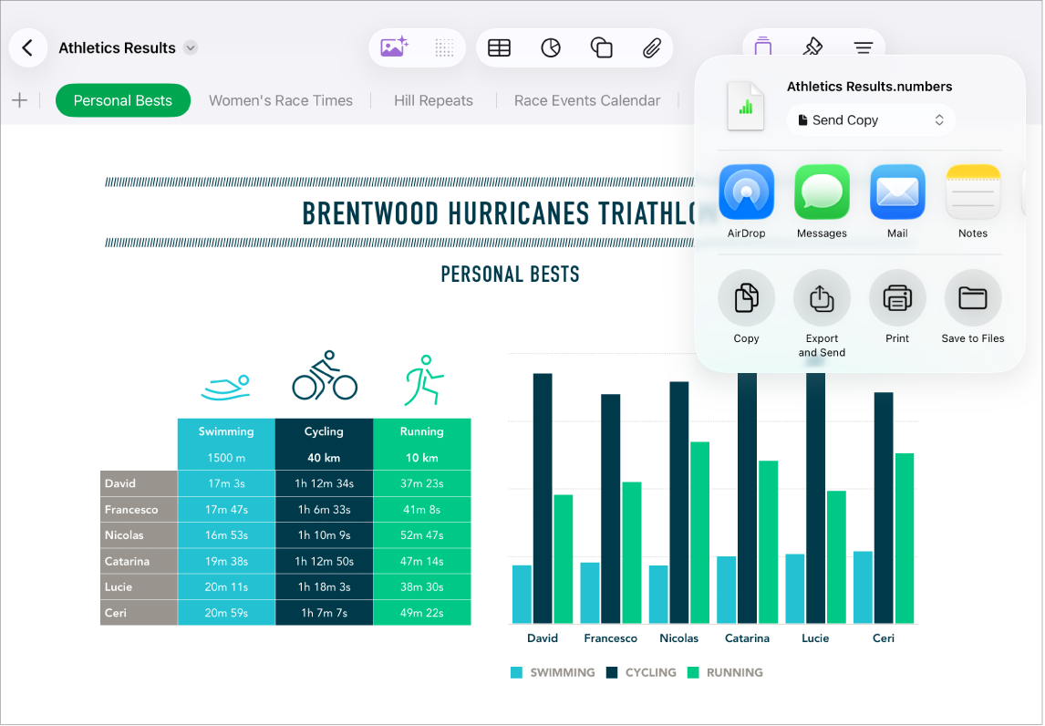 The Numbers window showing the Share menu, with options to send a copy of the spreadsheet, export and send in a different format, or print or save the spreadsheet to the Files app.