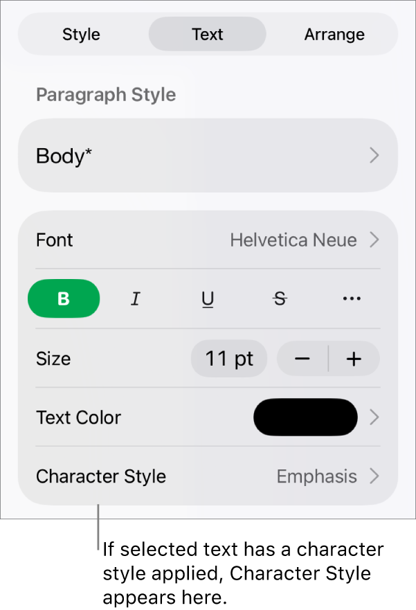 The Text formatting controls with Character Style below the Colour controls. The character style None appears with an asterisk.