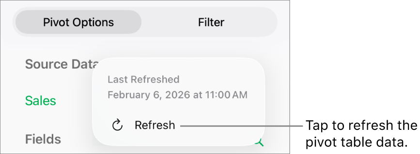 The Pivot Options menu showing the option to refresh the pivot table.