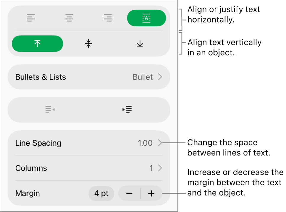 The Layout section of the Format inspector with callouts to the text alignment and spacing buttons.