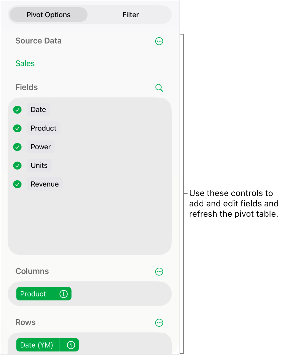 The Pivot Options menu showing fields in the Columns, Rows and Values sections, as well as controls to edit the fields.