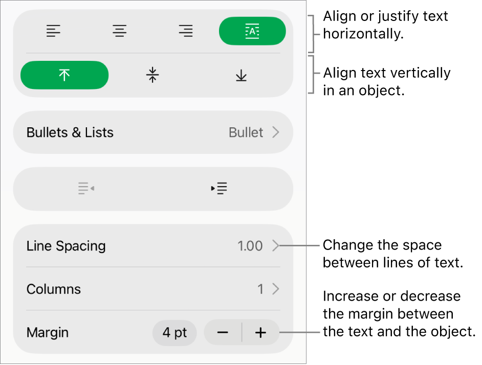 The Layout section of the Format inspector with callouts to the text alignment and spacing buttons.
