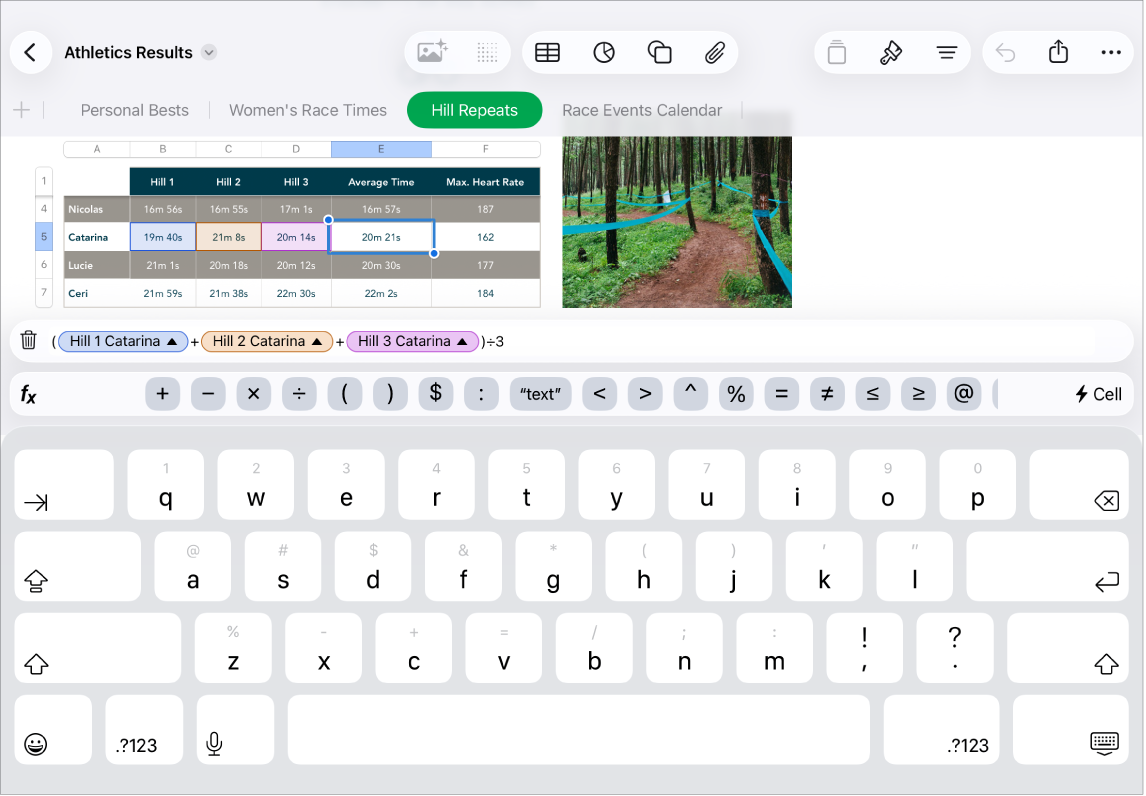 The Numbers window showing a cell selected in a table. The selected cell shows a formula result and values referenced in the formula are highlighted. The bottom of the window shows the full formula and the formula keyboard.