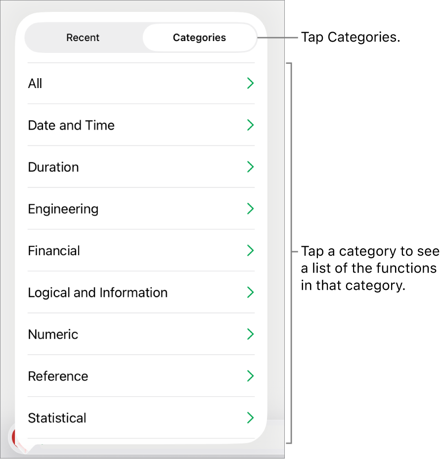 The Functions Browser with the Categories button selected, and the list of categories below.
