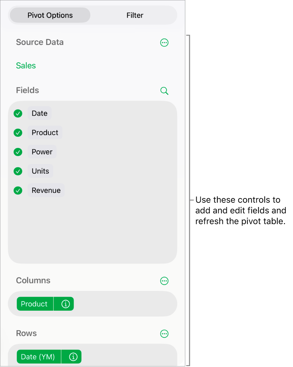 The Pivot Options menu showing fields in the Columns, Rows, and Values sections, as well as controls to edit the fields.