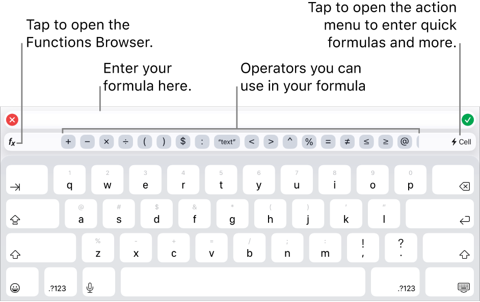 The formula keyboard, with the Formula Editor at the top and the operators used in formulas below it. The Functions button for opening the Functions Browser is to the left of the operators, and the Action menu button is to the right.