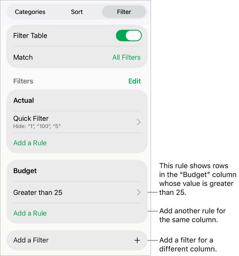 Controls for adding new filtering rules or editing existing ones.