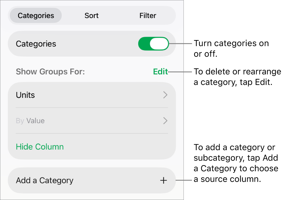 The Categories menu for iPad with options for turning categories off, deleting categories, regrouping data, hiding a source column, and adding categories.