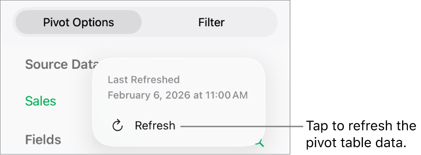 The Pivot Options menu showing the option to refresh the pivot table.