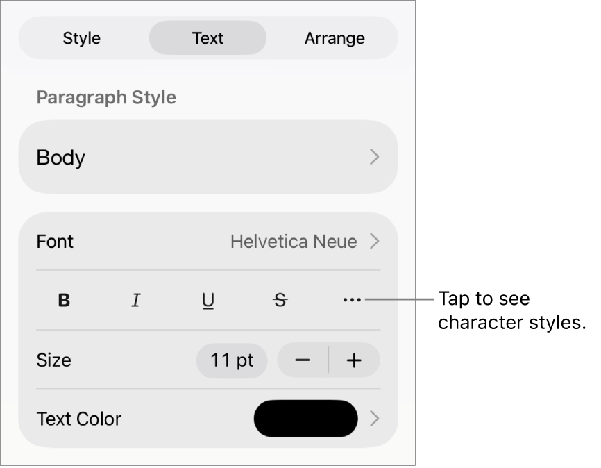 The Format controls with paragraph styles at the top, then Font controls. Below Font are the Bold, Italic, Underline, Strikethrough, and More Text Options buttons.