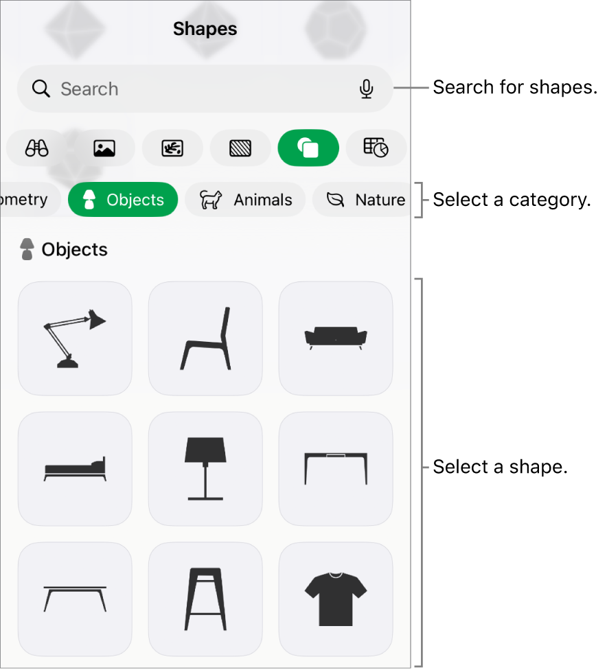 The shapes library, with categories at the top and shapes displayed below. You can use the search field at the top to find shapes and swipe to see more.