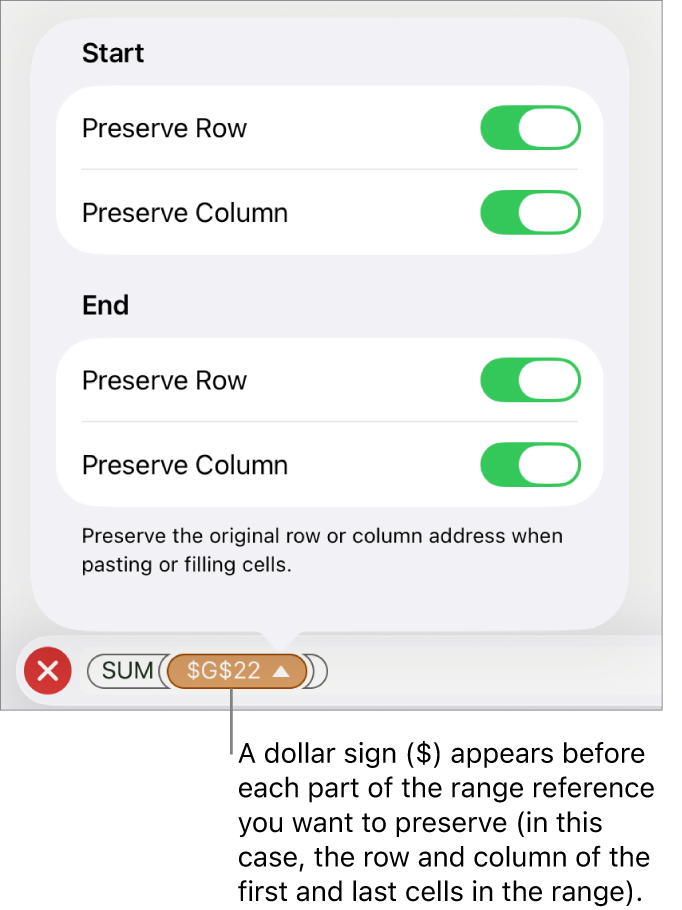 The controls for specifying which of a cell’s row and column references should be preserved if the cell is moved or copied. A dollar sign appears before each part of the range reference you want to preserve.