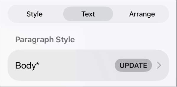 A paragraph style with an asterisk next to it and an Update button on the right.