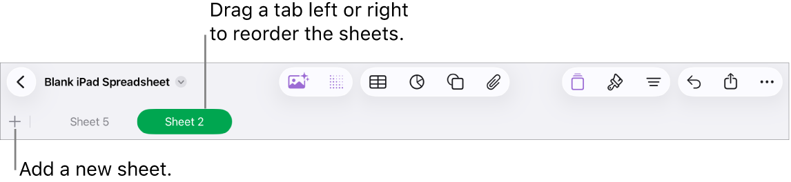 The tab bar for adding a new sheet, navigating, reordering, and reorganizing sheets.