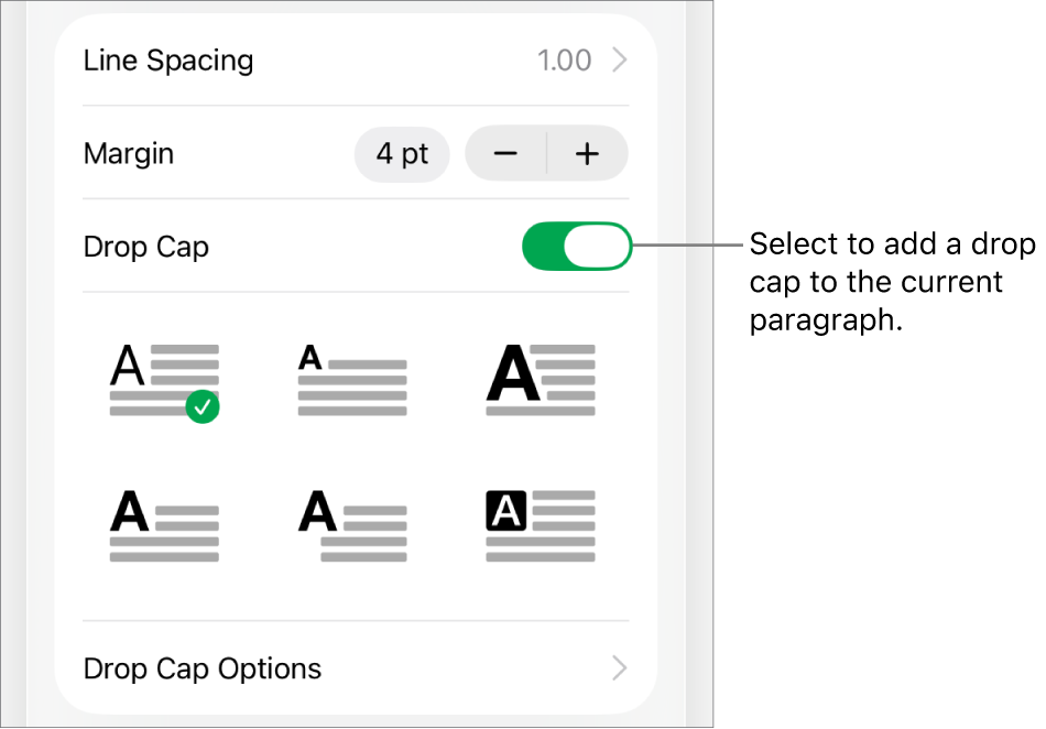 The Drop Cap controls located in the Text menu.