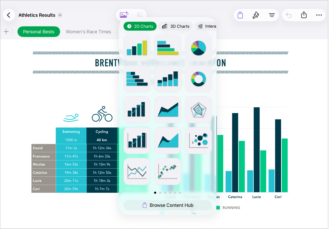 The Numbers window with the charts menu opened from the toolbar.