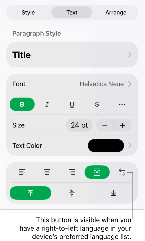 The Style section of the Format menu with a callout to the Right to Left button.