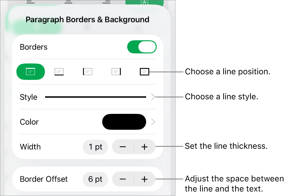 Controls to change the line style, thickness, position, and color.